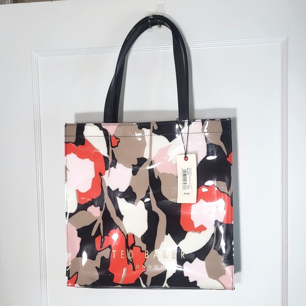 Ted Baker Womens Large Icon Tote Bag Floral Print Glossy Vinyl Black One SizeNWT